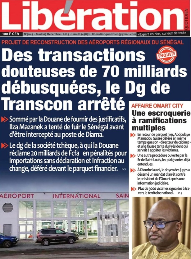 La Une du journal le Réveil du Mercredi 05 Décembre 2024 La Une du journal le Réveil du Mercredi 05 Décembre 2024