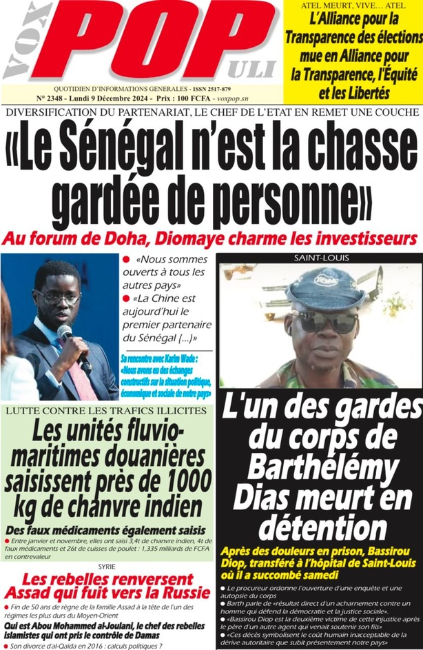 La Une du journal Le Réveil de ce Lundi 09 décembre 2024