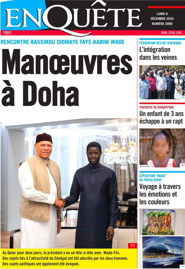 La Une du journal Le Réveil de ce Lundi 09 décembre 2024