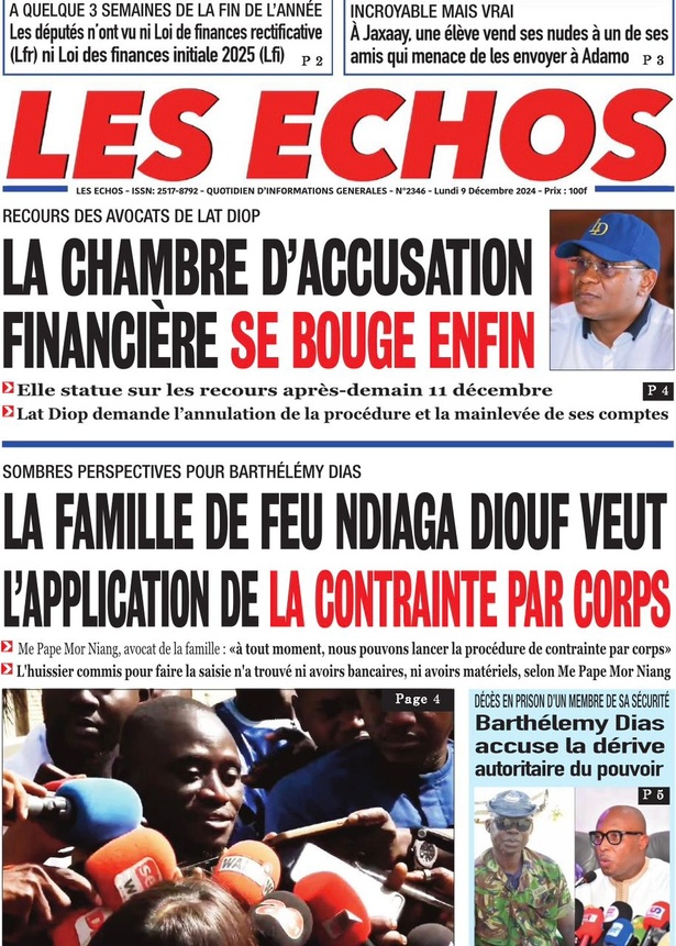 La Une du journal Le Réveil de ce Lundi 09 décembre 2024