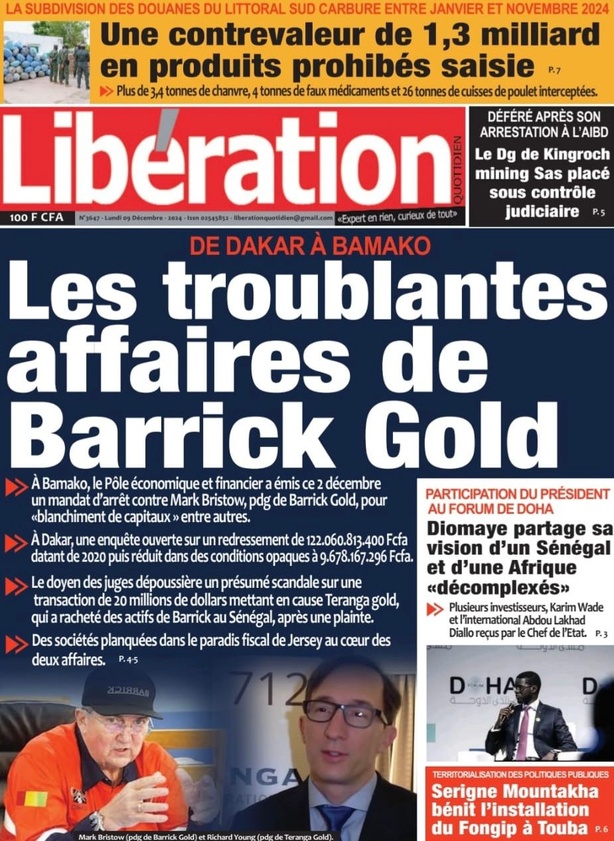 La Une du journal Le Réveil de ce Lundi 09 décembre 2024