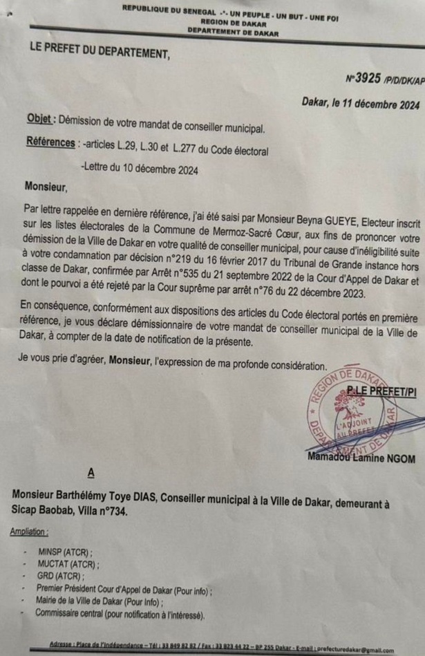 Barthélémy DIAS n’est plus maire de Dakar (Prefet) Barthélémy DIAS n’est plus maire de Dakar (Prefet)