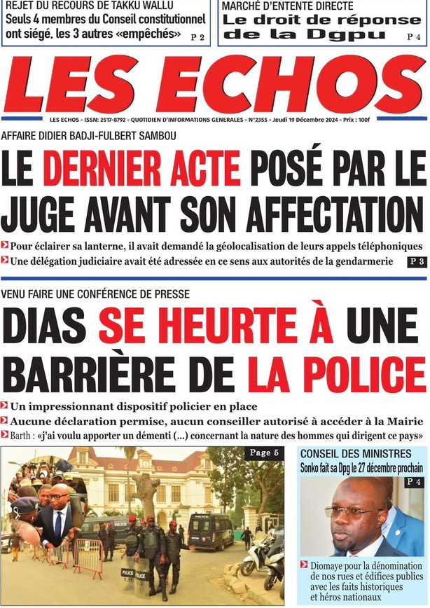 La Une du journal le Réveil du Jeudi 19 Décembre 2024 La Une du journal le Réveil du Jeudi 19 Décembre 2024