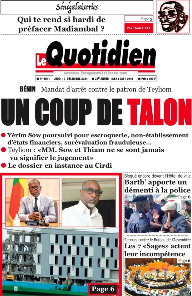 La Une du journal le Réveil du Jeudi 19 Décembre 2024 La Une du journal le Réveil du Jeudi 19 Décembre 2024