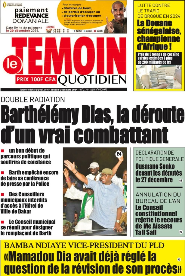 La Une du journal le Réveil du Jeudi 19 Décembre 2024 La Une du journal le Réveil du Jeudi 19 Décembre 2024