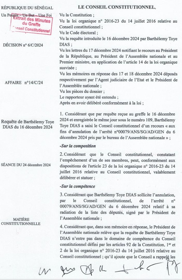 Radiation de Barthélemy Diaz : Le Conseil constitutionnel se déclare incompétent Radiation de Barthélemy Diaz : Le Conseil constitutionnel se déclare incompétent