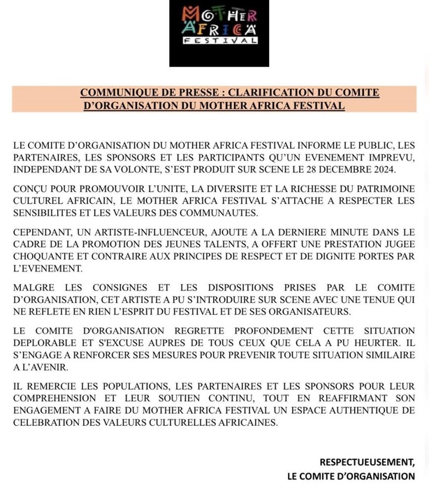 Mother Africa Festival : Un incident lié au comportement vestimentaire de l'artiste "L’Excès" soulève des interrogations Mother Africa Festival : Un incident lié au comportement vestimentaire de l'artiste "L’Excès" soulève des interrogations