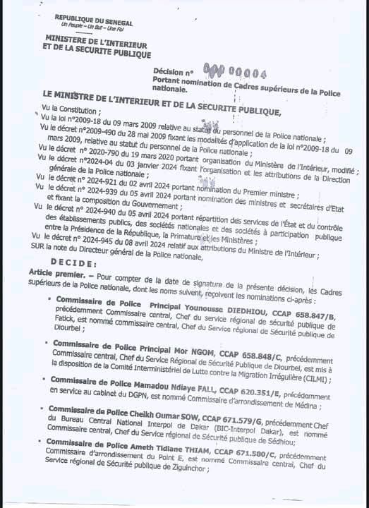 Grand remaniement au sein de la Police nationale sénégalaise (DOCUMENTS) Grand remaniement au sein de la Police nationale sénégalaise (DOCUMENTS)