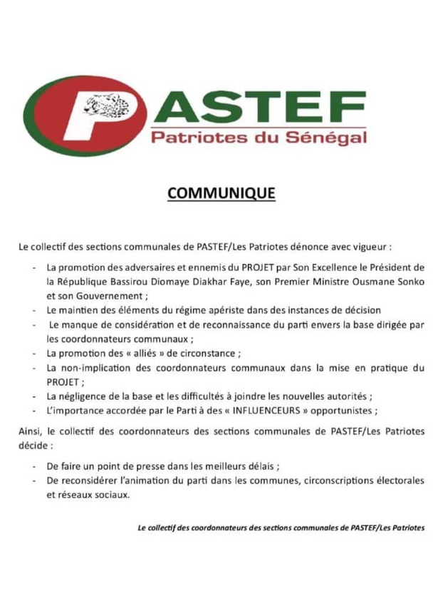 Nomination d'Aoua Bocar Ly Tall : les sections communales de Pastef dénoncent la décision de Diomaye Nomination d'Aoua Bocar Ly Tall : les sections communales de Pastef dénoncent la décision de Diomaye