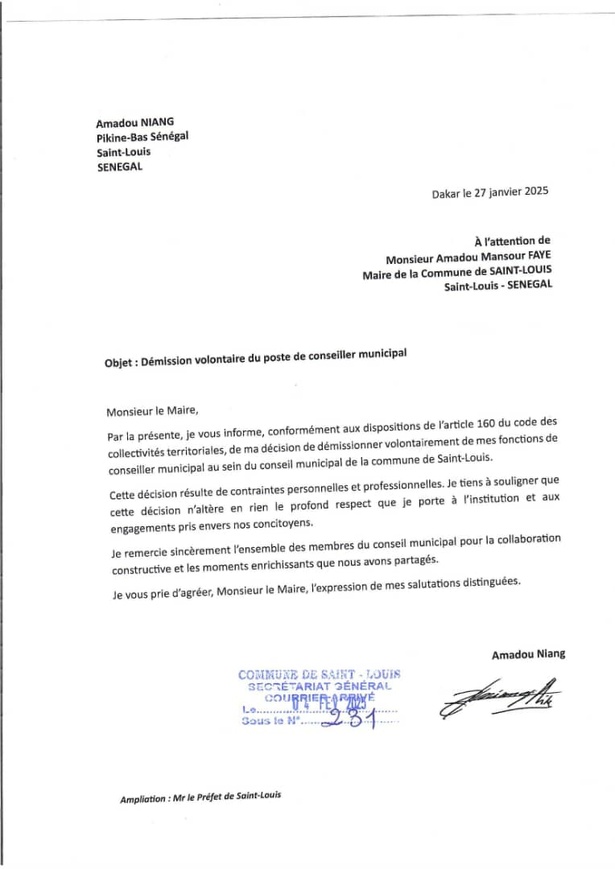 Saint-Louis : Amadou Niang démissionne de ses fonctions de conseiller municipal Saint-Louis : Amadou Niang démissionne de ses fonctions de conseiller municipal