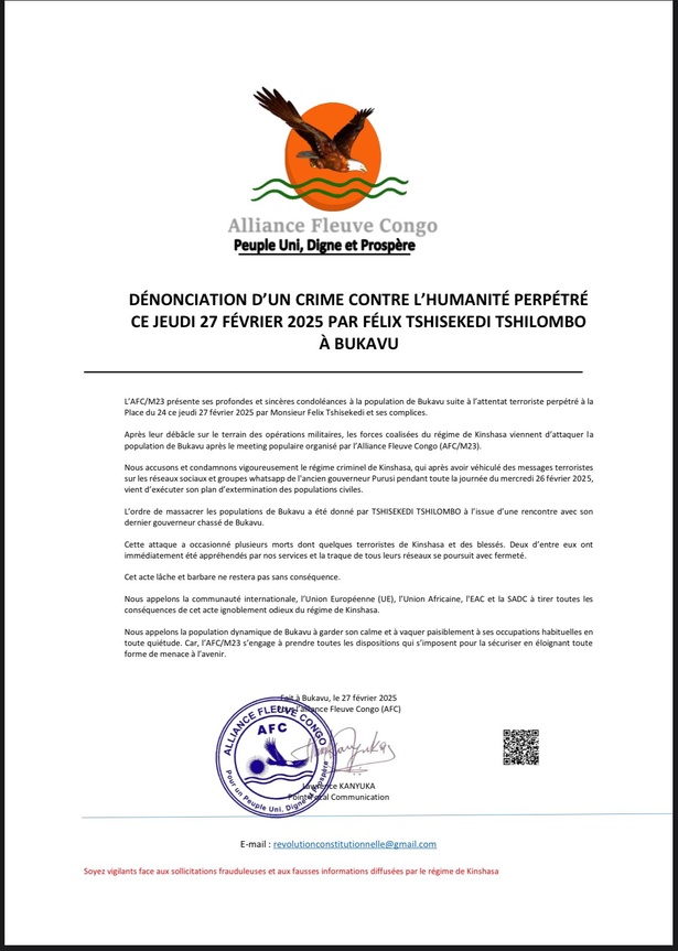 Chaos à Bukavu : Double explosion lors du meeting du chef rebelle Corneille Nangaa Chaos à Bukavu : Double explosion lors du meeting du chef rebelle Corneille Nangaa