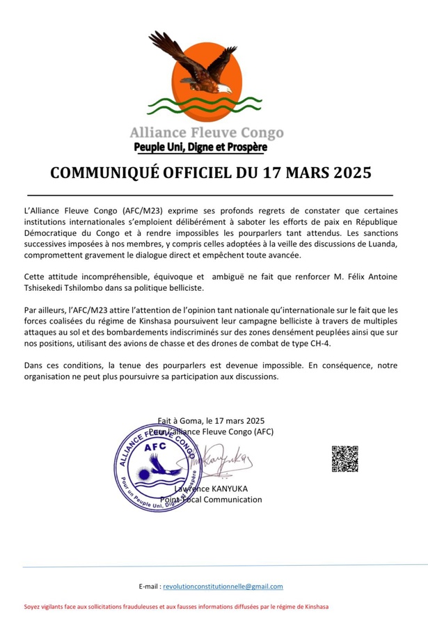 RDC : Les rebelles du  M23-AFC se retirent des négociations et accusent Tshisekedi d’attiser la guerre