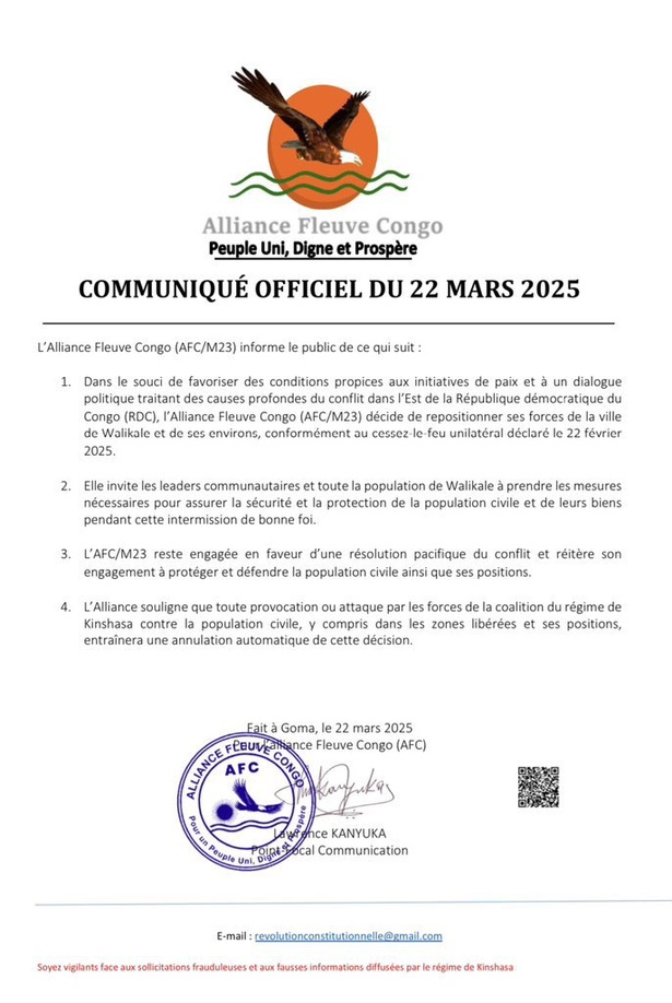 RDC : L’AFC/M23 annonce son retrait de Walikale pour favoriser la paix RDC : L’AFC/M23 annonce son retrait de Walikale pour favoriser la paix