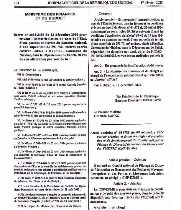 Soutien aux entreprises et gestion du foncier : L'État du Sénégal récupère un terrain d'une superficie de 591 741 m2 (DOCUMENT) Soutien aux entreprises et gestion du foncier : L'État du Sénégal récupère un terrain d'une superficie de 591 741 m2 (DOCUMENT)