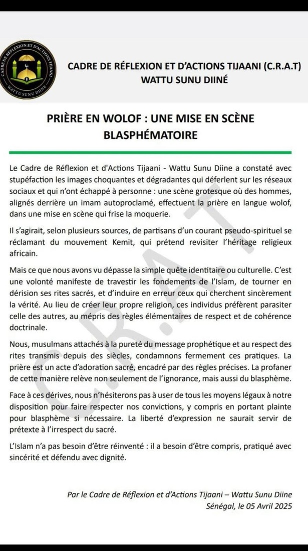 Sénégal : Le Cadre Tijaani dénonce une mise en scène blasphematoire de la prière en Wolof Sénégal : Le Cadre Tijaani dénonce une mise en scène blasphematoire de la prière en Wolof