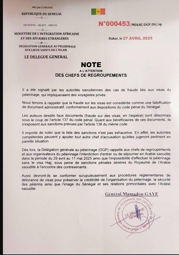Fraude sur les visas Hajj : Le Général Gaye met en garde des voyagistes privés (DOCUMENT)
