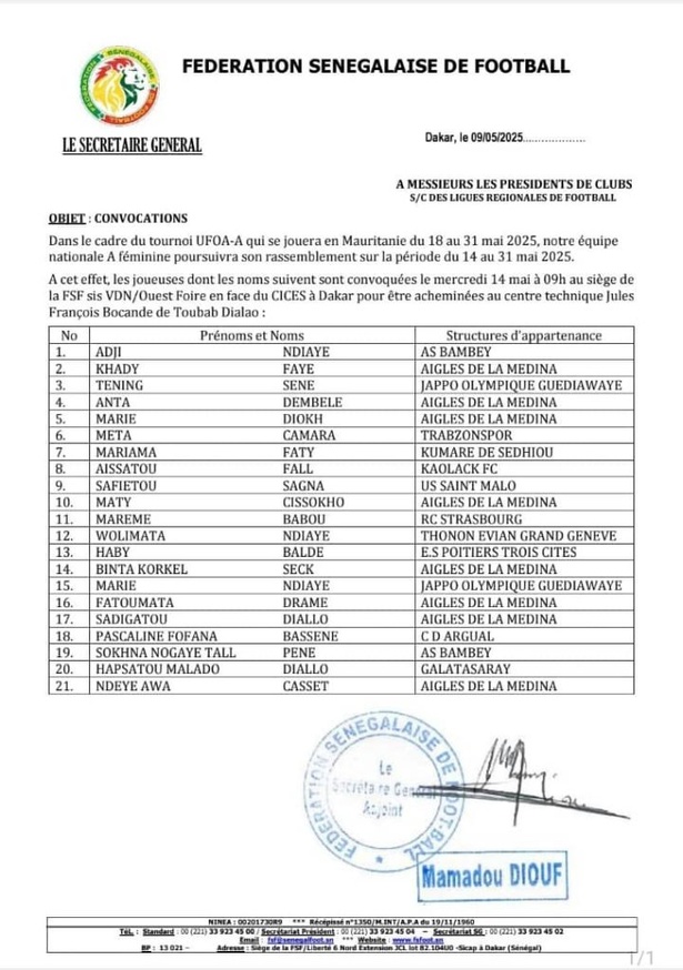 UFOA-A Féminine : la liste des 21 Lionnes retenues pour la Mauritanie dévoilée UFOA-A Féminine : la liste des 21 Lionnes retenues pour la Mauritanie dévoilée