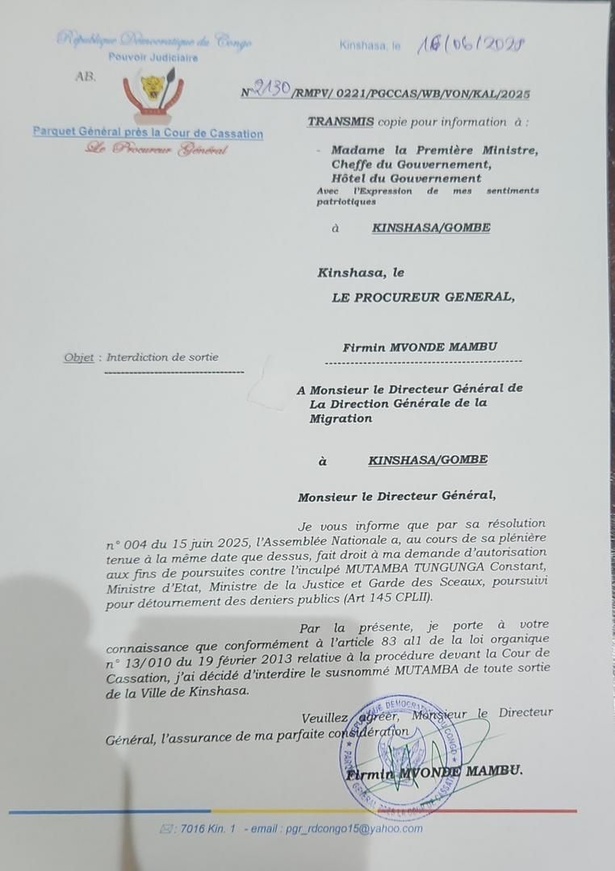 RDC : Le ministre de la justice Constant Mutamba interdit de quitter Kinshasa RDC : Le ministre de la justice Constant Mutamba interdit de quitter Kinshasa