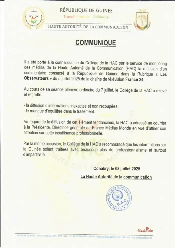 Guinée :  La HAC recadre France 24 après un reportage jugé tendancieux