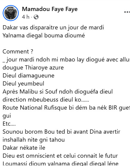« Dakar va disparaître un mardi » : la prophétie qui affole la toile « Dakar va disparaître un mardi » : la prophétie qui affole la toile