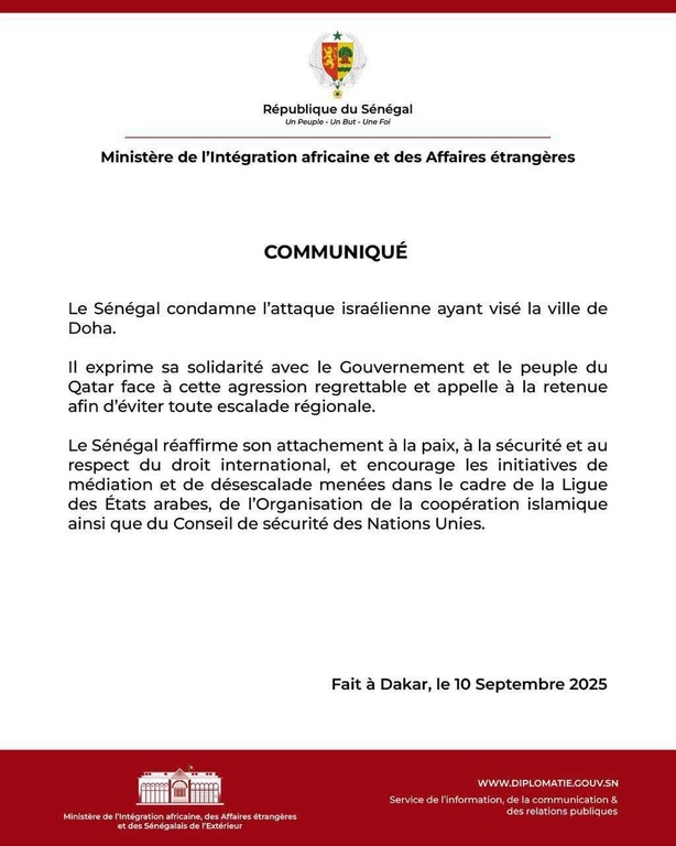 Le Sénégal condamne l’attaque israélienne contre Doha (Communiqué) Le Sénégal condamne l’attaque israélienne contre Doha (Communiqué)