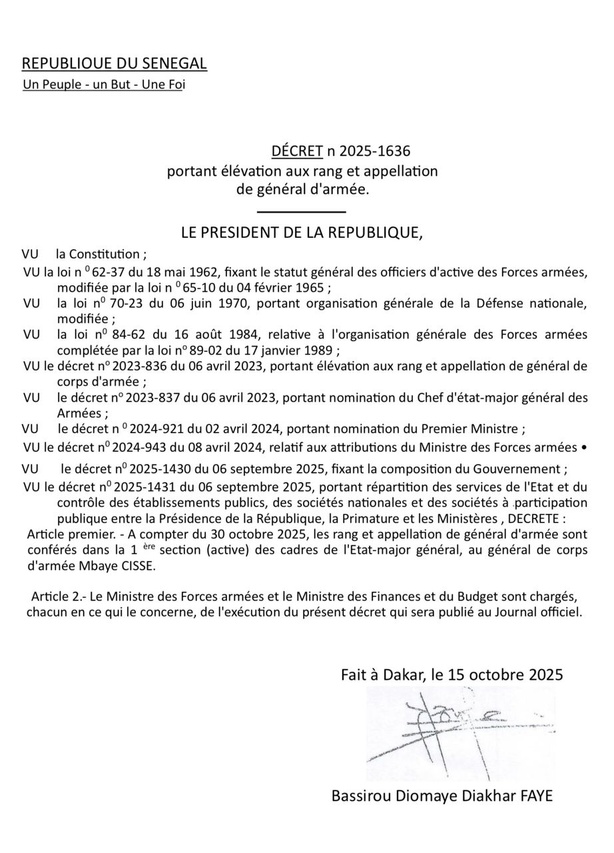 Le général Mbaye Cissé élevé au rang de général d’armée (Document)