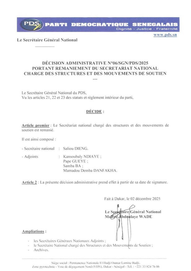 PDS : Me Wade remanie le Secrétariat national