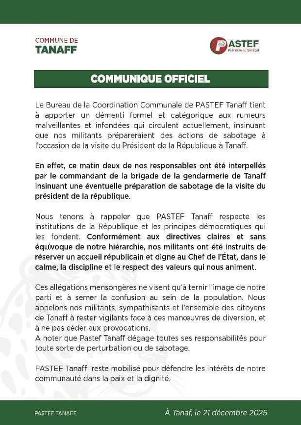 Tournée présidentielle : deux responsables de PASTEF interpellés à Tanaff, le parti dément et dénonce des « manœuvres de diversion » Tournée présidentielle : deux responsables de PASTEF interpellés à Tanaff, le parti dément et dénonce des « manœuvres de diversion »