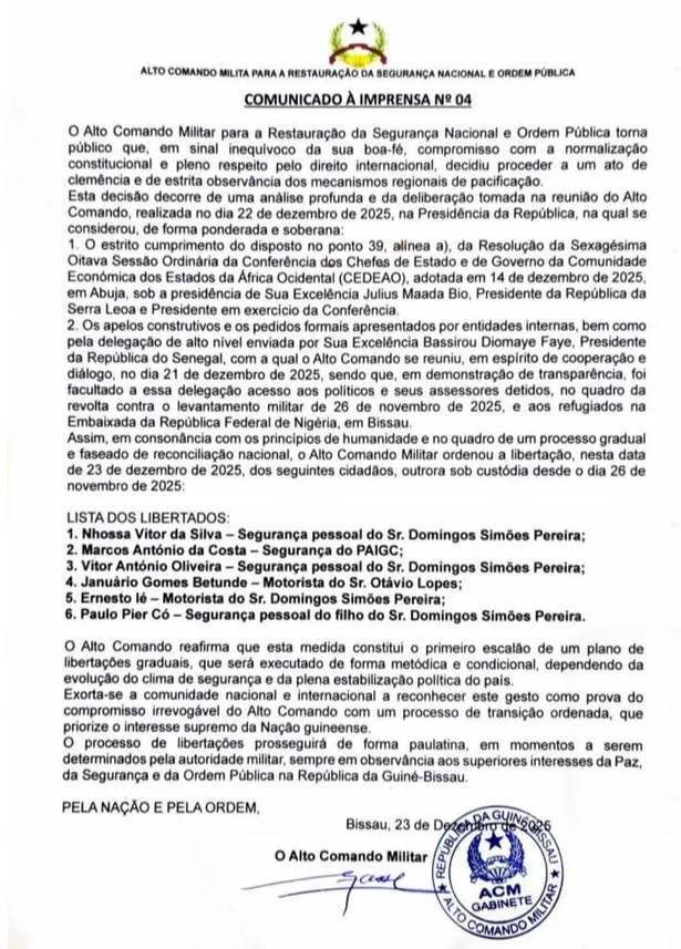 Bissau : la junte libère des proches et membres du personnel de Domingos Simões Pereira