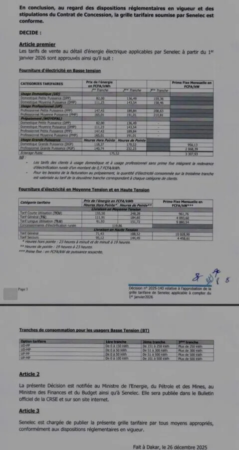 Électricité : baisse ciblée des tarifs Woyofal à partir du 1er janvier 2026