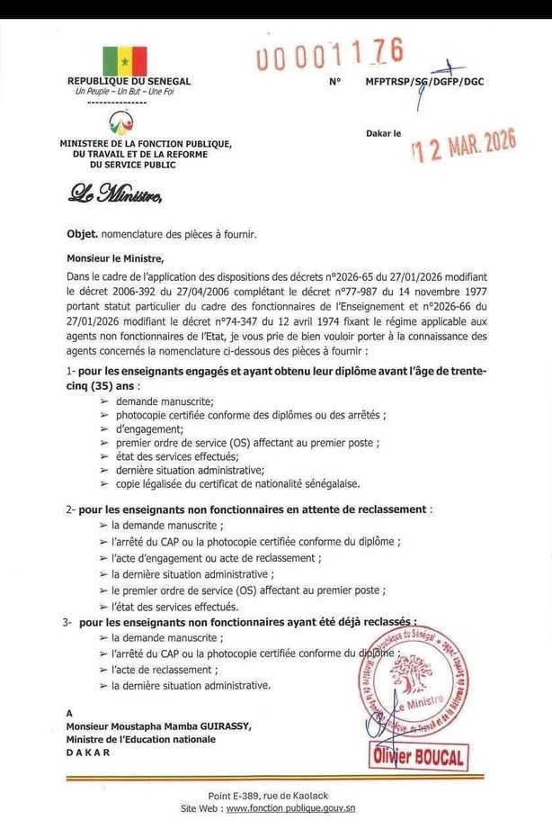 Reclassement des enseignants : le ministère de la Fonction publique fixe la liste des pièces à fournir Reclassement des enseignants : le ministère de la Fonction publique fixe la liste des pièces à fournir