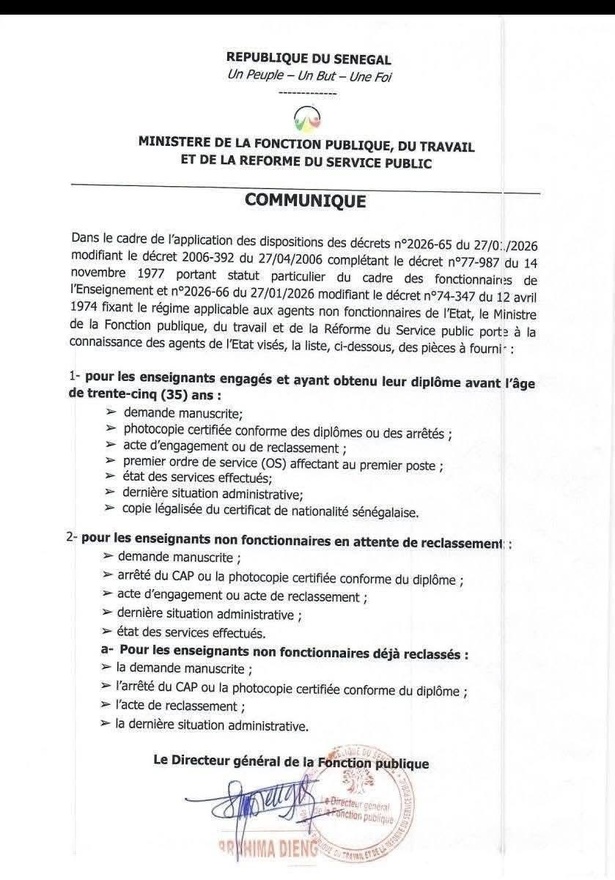 Reclassement des enseignants : le ministère de la Fonction publique fixe la liste des pièces à fournir Reclassement des enseignants : le ministère de la Fonction publique fixe la liste des pièces à fournir