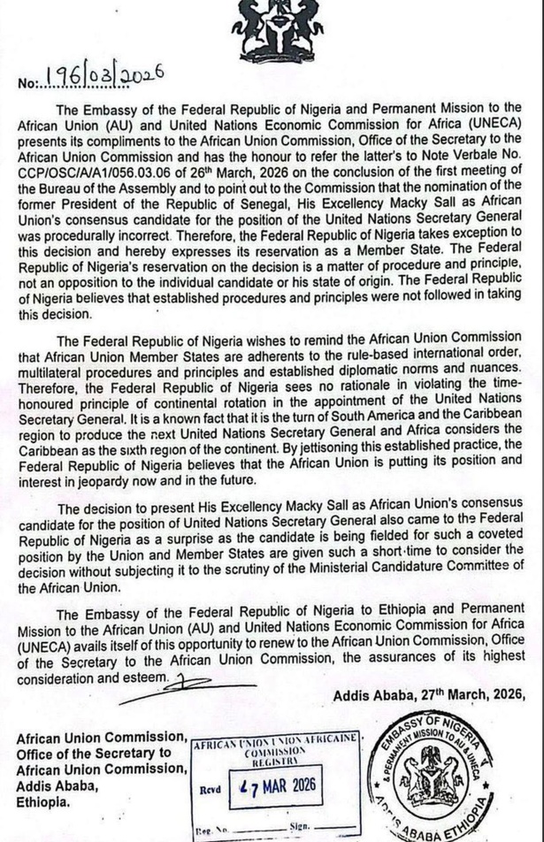 Candidature de Macky Sall à l’ONU : le Nigeria exprime ses « réserves » et dénonce une procédure « incorrecte » (Communiqué) Candidature de Macky Sall à l’ONU : le Nigeria exprime ses « réserves » et dénonce une procédure « incorrecte » (Communiqué)