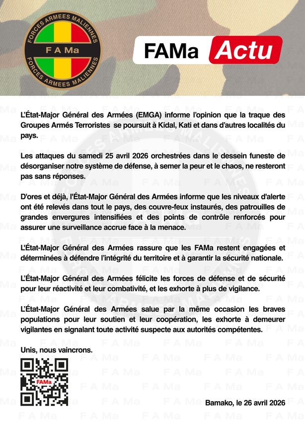Attaques au Mali : l’armée fait le point après deux jours de combats (communiqué) Attaques au Mali : l’armée fait le point après deux jours de combats (communiqué)