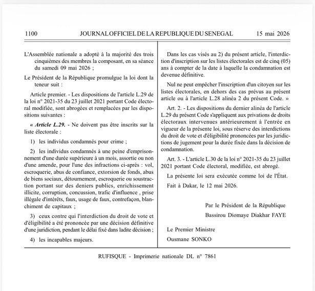 Sénégal : le Code électoral modifié, les conditions d’inéligibilité clarifiées