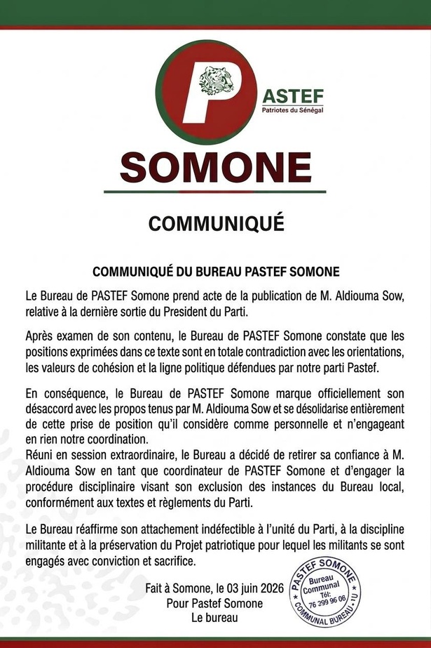 Attaques contre Sonko : PASTEF Somone retire sa confiance à son coordinateur Aldiouma Sow et engage une procédure d’exclusion Attaques contre Sonko : PASTEF Somone retire sa confiance à son coordinateur Aldiouma Sow et engage une procédure d’exclusion