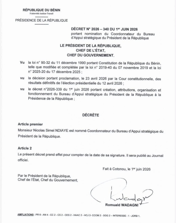Bénin : Nicolas Simel Ndiaye nommé Coordonnateur du Bureau d’Appui stratégique de la Présidence
