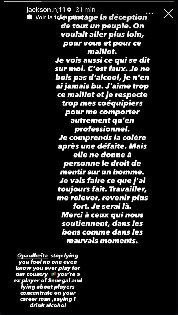 Nicolas Jackson dément les rumeurs : « Je ne bois pas d'alcool, je n'en ai jamais bu »