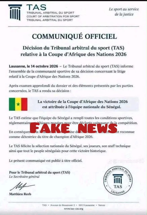 Tribunal arbitral du sport : un faux verdict sur Sénégal-Maroc affole les réseaux sociaux