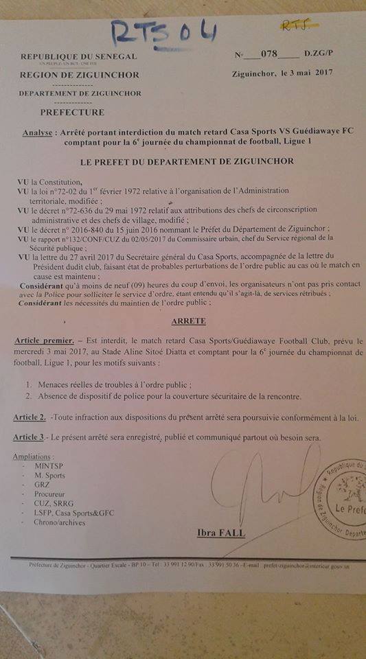 Dernière minute : le préfet de Ziguinchor interdit le match Casa Sport-GFC (Document)