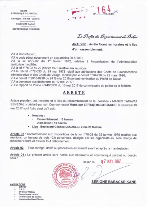 Rassemblement de ce vendredi de Mankoo Taxawu Senegaal, le Préfet interdit tout cortège, procession et défilé