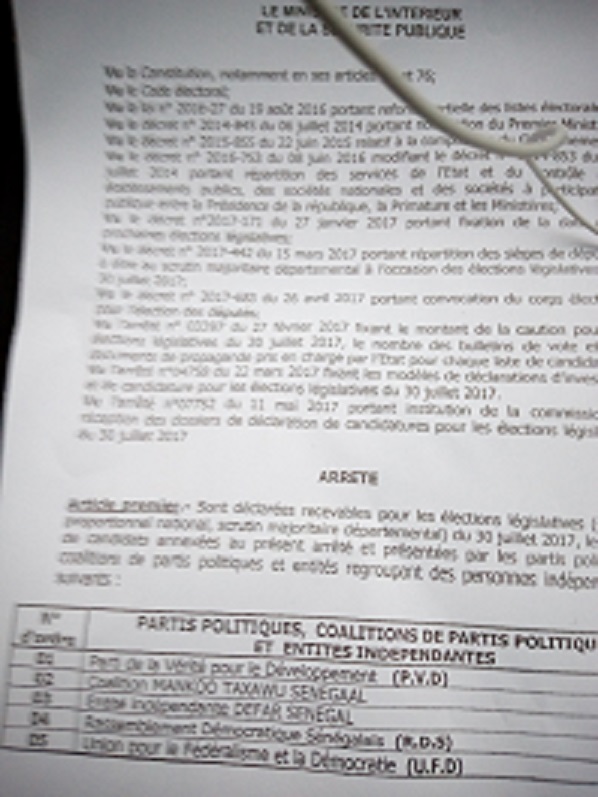 Voici les 47 listes retenues pour les législatives de juillet 2017 