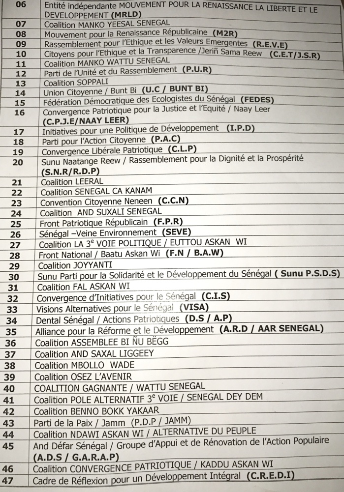 Voici les 47 listes retenues pour les législatives de juillet 2017 