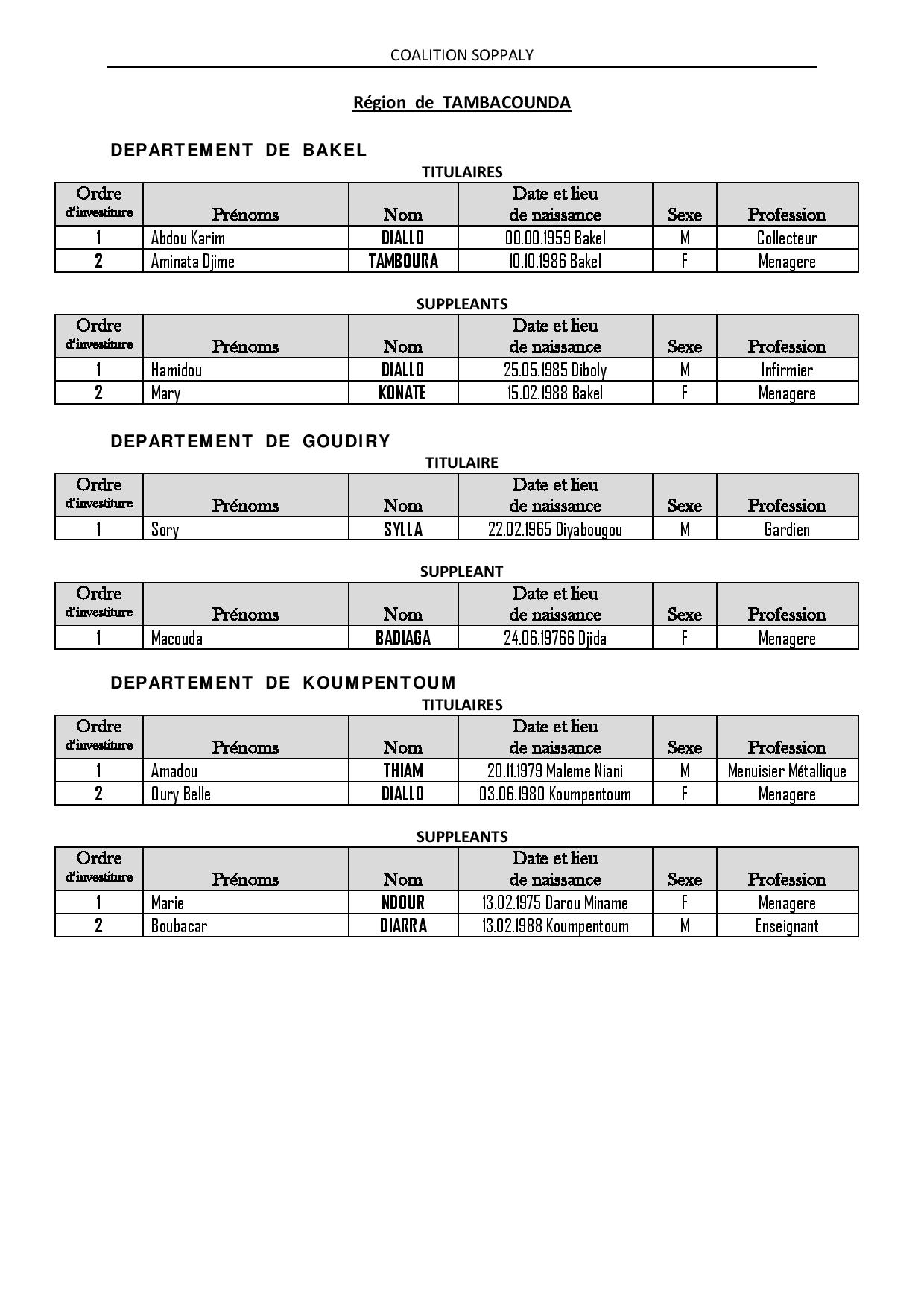 Législatives 2017- Voici la liste complète de la Caolition Soppaly, dirigée par Aly Sega Camara