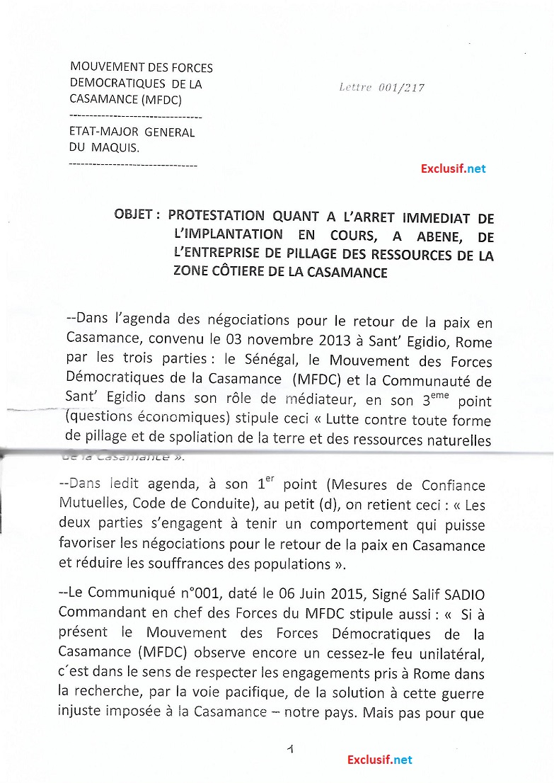 Exploitation du Zircon en Casamance: les rebelles du MFDC s'opposent et menacent (Documents)