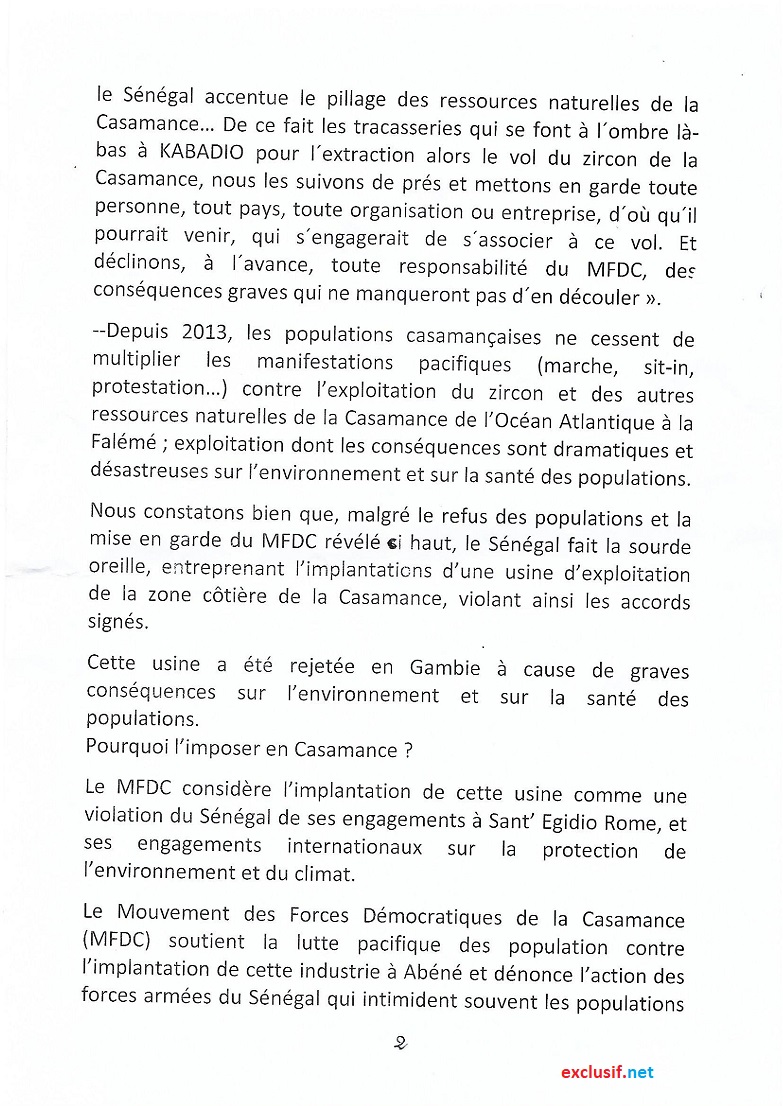 Exploitation du Zircon en Casamance: les rebelles du MFDC s'opposent et menacent (Documents)