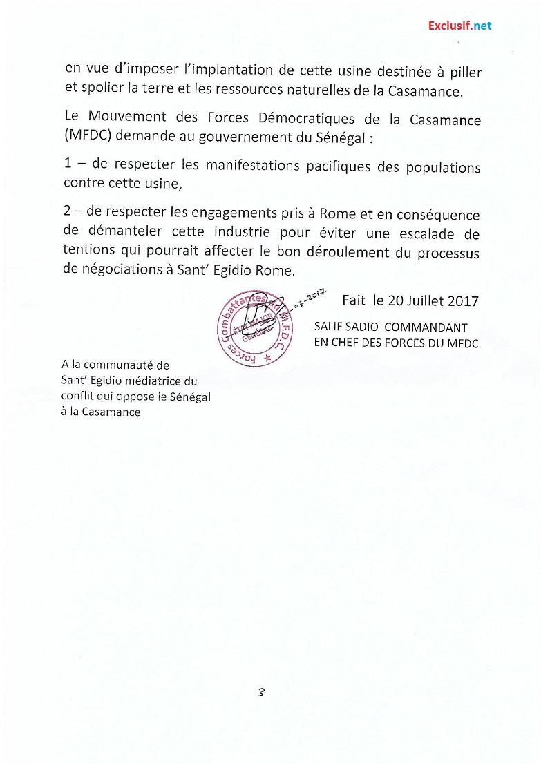 Exploitation du Zircon en Casamance: les rebelles du MFDC s'opposent et menacent (Documents)