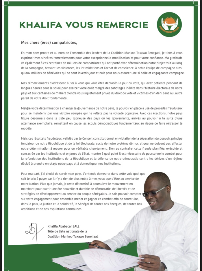 Khalifa Sall écrit encore aux Sénégalais : "Je vous remercie" (DOCUMENT)