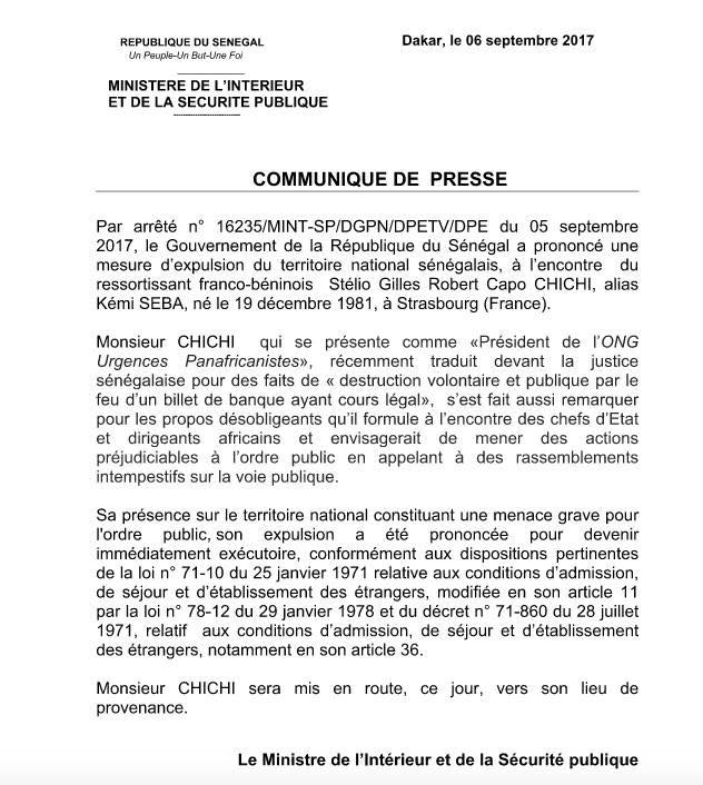 Voici l'arrêté d'expulsion de l'activiste Kémi Séba 