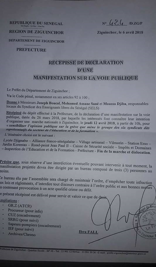 Le préfet de Ziguinchor interdit la marche des enseignants